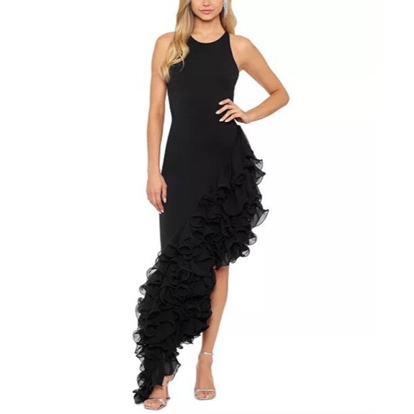 Betsy & Adam Size 4 Black Ruffle Asymmetric Halter Formal Prom Dress Gown $340 - Picture 1 of 12